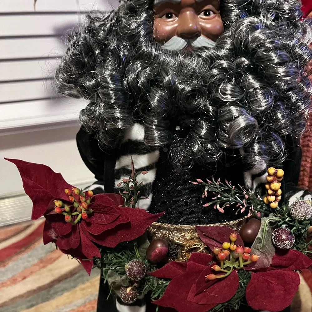 PRE-LOVED VINTAGE 19” TALL BLACK SANTA CLAUS DISPLAYED WITH HIS SOFT CURLY BEARD